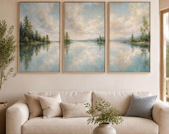 Lake Landscape Wall Art Set of 3, Blue Green Impressionist Prints, Serene Water Reflection Posters, Above Bed Bedroom Decor