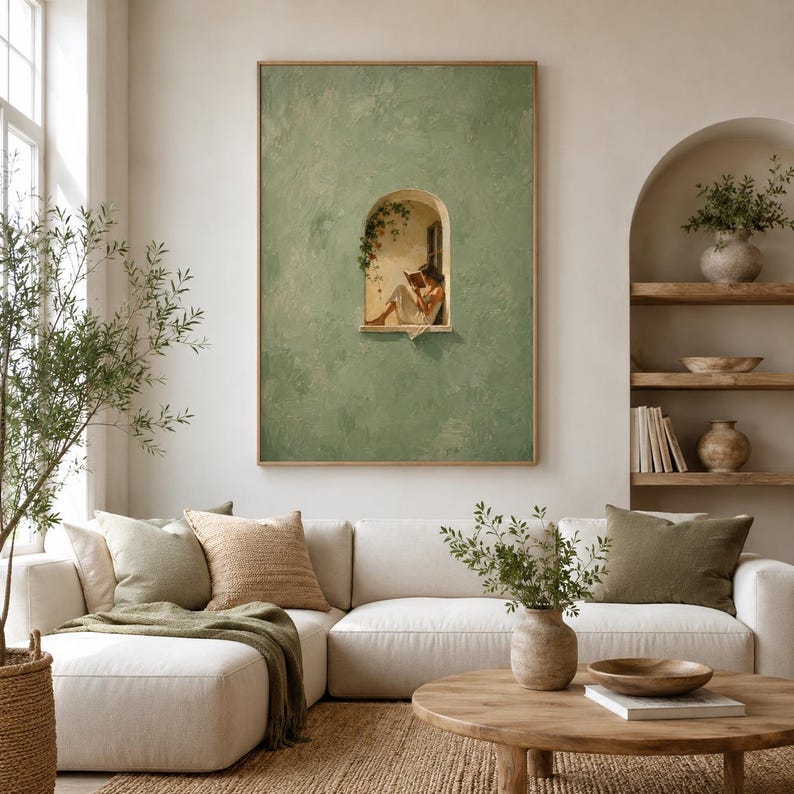Woman Reading in Window Print, Sage Green Reading Nook Wall Art Print, Book Lover Poster, Mediterranean Slow Living Decor image 9