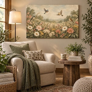 Könnte beinhalten: Ein rechteckiger Wandkunstdruck, der eine Landschaft mit einer Wildblumenwiese zeigt, auf der verschiedene Vögel zwischen rosa, weißen und gelben Blumen fliegen und sitzen, vor einem weichen, gedämpften Himmel mit fernen Hügeln und Bäumen.