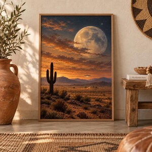 以下が含まれることがあります： 夕暮れ時の砂漠の風景を描いた長方形の額入りウォールアートプリント。空には大きな満月、手前には背の高いサワロサボテン、遠くには山々、そして地平線の上には小さな空飛ぶ円盤が浮かんでいる様子が表現されています。