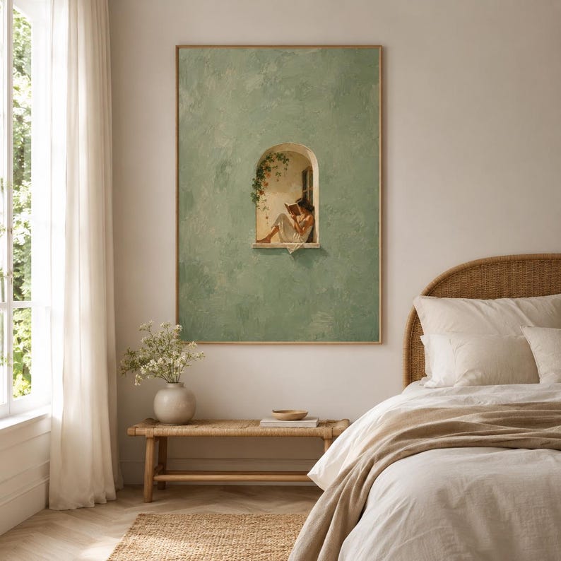 May include: A vertical rectangular wall art print featuring a textured sage green wall with an arched window. Inside the window, a person sits reading a book, surrounded by green vines. The artwork is displayed in a bedroom setting above a bench.