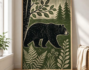 Black Bear Linocut Poster, Folk Animal Wall Art, Woodland Nature Print, Rustic Nordic Forest Decor, Green Cabin Wall Art