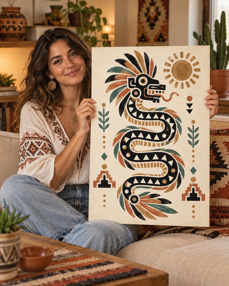 Feathered Serpent Wall Art, Mexican Folk Art Print, Mesoamerican Decor ...