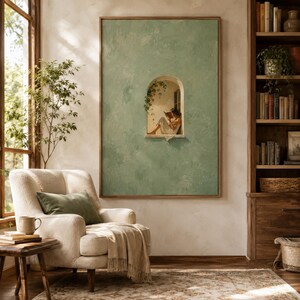 Woman Reading in Window Print, Sage Green Reading Nook Wall Art Print, Book Lover Poster, Mediterranean Slow Living Decor image 7