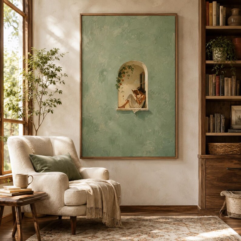 Woman Reading in Window Print, Sage Green Reading Nook Wall Art Print, Book Lover Poster, Mediterranean Slow Living Decor image 7