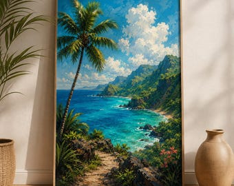 Puede incluir: Una impresión de arte mural vertical enmarcada que representa un paisaje costero tropical con una palmera alta en primer plano, un sendero rocoso, montañas verdes exuberantes y un océano turquesa bajo un cielo azul brillante.