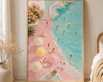 Tiny Swimmers Beach Art Print, Pink Coastal Wall Art, Aerial Summer Painting, Mediterranean Beach Decor, Beach House Poster