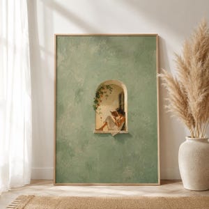 May include: A rectangular wall art print featuring a textured sage green background with a central arched window. Inside the window, a figure in a white dress sits reading a book, surrounded by climbing vines with small orange flowers.