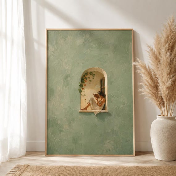 Woman Reading in Window Print, Sage Green Reading Nook Wall Art Print, Book Lover Poster, Mediterranean Slow Living Decor