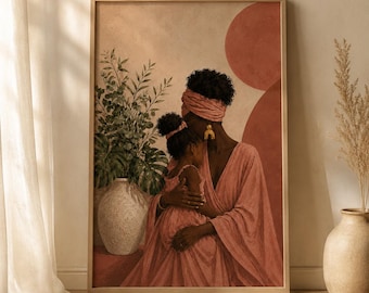 Afrocentric Botanical Portrait Print,Black Figurative Artwork, Modern Boho Wall Art,Woman Plant Wall Art, Pink Aesthetic Decor