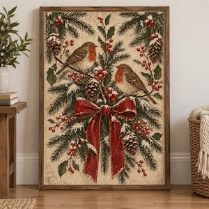 May include: A rectangular framed wall art print featuring two robins perched on snow-dusted pine branches with red berries and pinecones. A large, textured red ribbon bow is centered at the bottom of the arrangement against a cream background.