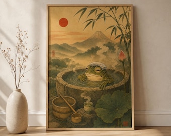 Japanese Frog Wall Art, Funny Bathroom Print, Vintage Onsen Poster, Modern Ukiyo-e Style, Whimsical Japandi Decor