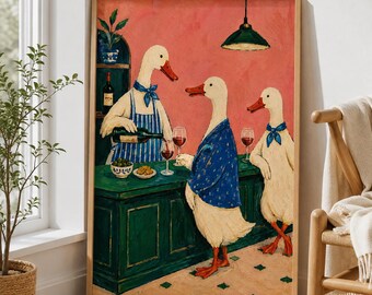 Duck Wine Bar Art Print, Funny Duck Poster, Quirky Animal Wall Art, Retro Kitchen Decor, Wine Lover Dining Room Print