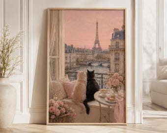Eiffel Tower, Romantic Parisian Wall Art, French Apartment Decor, Cat Lover Gift,Pastel Paris Cat Art Print,