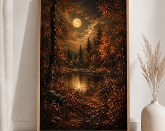 Autumn Full Moon Forest Art Print, Moody Dark Woodland Landscape, Dark Academia Wall Decor, Gothic Cottagecore Fall Poster
