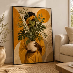 May include: A framed wall art print featuring a person wearing a mustard yellow garment and headwrap, holding a white ceramic vase filled with green monstera and leafy foliage. The background displays abstract yellow circles and soft beige shapes.