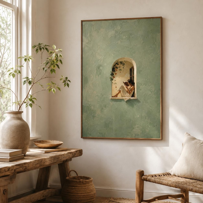 May include: A rectangular wall art print featuring a textured sage green background with a central arched window. Inside the window, a figure in a white dress sits while reading a book, framed by green vines hanging from the top of the arch.