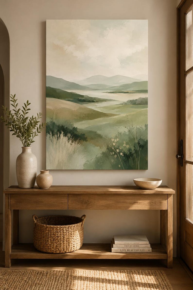 Sage Green Abstract Landscape Canvas Print, Minimalist Calm Wall Art ...