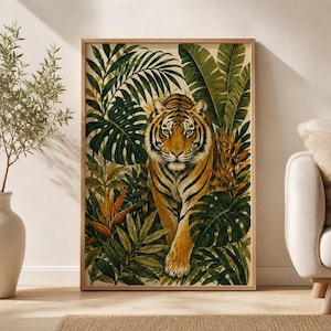 May include: A rectangular wall art print featuring a tiger walking forward through a dense jungle of green palm leaves, monstera foliage, and orange tropical flowers. The tiger has orange fur with black stripes and is centred in the frame.