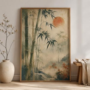 Decorazione murale giapponese in bambù, stampa botanica zen, poster con bambù e sole rosso, arredamento minimalista asiatico, arte Wabi Sabi ispirata alla natura.