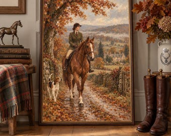 Arte mural ecuestre, pintura de caballo campestre inglés, lámina ecuestre vintage, arte campestre otoñal, decoración de caballos tradicionales