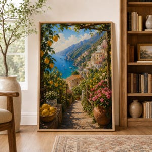 Amalfi Coast Wall Art Print, Mediterranean Seascape Poster, Italian Riviera Painting, Positano Coastal Decor, Colorful Italy Travel Art