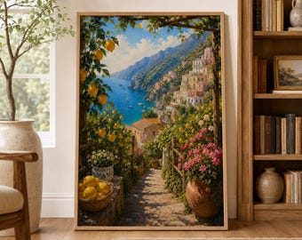 Amalfi Coast Wall Art Print, Mediterranean Seascape Poster, Italian Riviera Painting, Positano Coastal Decor, Colorful Italy Travel Art