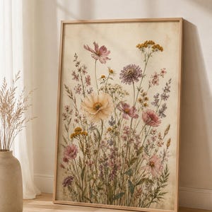 Wildflower Botanical Print,  Pressed Flower Poster, Vintage Meadow Decor, Mauve Flower Art,Cottagecore Floral Wall Art,