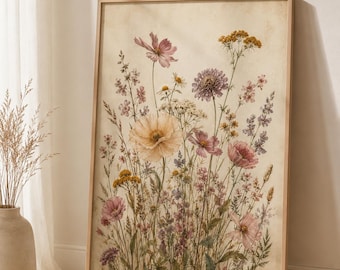 Wildflower Botanical Print,  Pressed Flower Poster, Vintage Meadow Decor, Mauve Flower Art,Cottagecore Floral Wall Art,