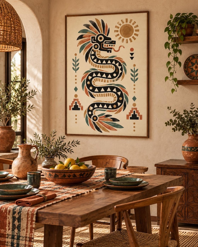 Feathered Serpent Wall Art, Mexican Folk Art Print, Mesoamerican Decor ...