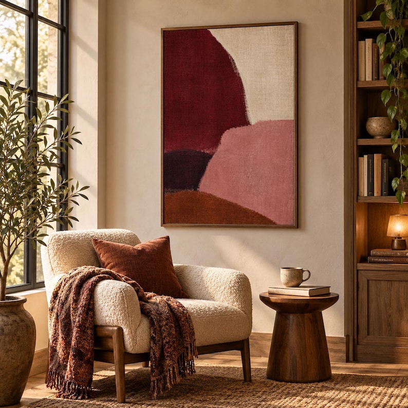 May include: A rectangular wall art piece featuring abstract shapes in deep burgundy, muted pink, and dark brown tones, framed in a thin wood border. The artwork displays a textured surface with layered color blocks and organic, curved edges.