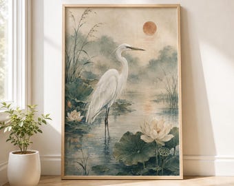 Japanese Heron Wall Art, Egret Lotus Pond Poster, Japandi Bird Print, Sage Green Botanical Art, Zen Nature Wall Decor