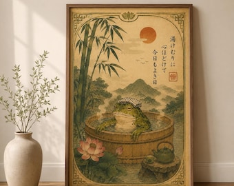 Japanese Frog Wall Art, Funny Bathroom Print, Vintage Onsen Poster, Modern Ukiyo-e Style, Whimsical Japandi Decor