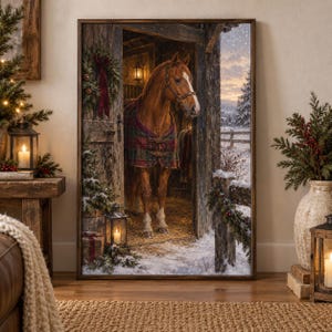 May include: A framed wall art print depicting a brown horse wearing a plaid blanket, standing inside a rustic wooden barn doorway during a snowy winter evening. The scene includes a festive wreath, glowing lanterns, and a snowy outdoor landscape.