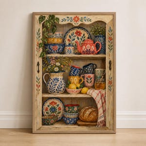 May include: A wooden cabinet with hand-painted floral motifs containing ceramic tableware. The shelves hold a red teapot, patterned bowls, mugs, a pitcher with wildflowers, a plate, a jar of honey, and a loaf of bread on a checkered cloth.