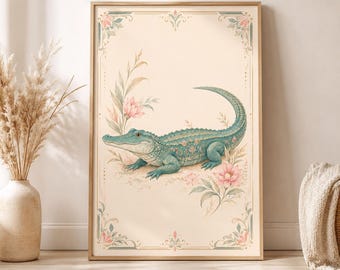 Alligator Wall Decor, Playful Luxury Bathroom Decor, Florida Wall Art, Pink and Blue Crocodile Print, Whimsical Animal Art
