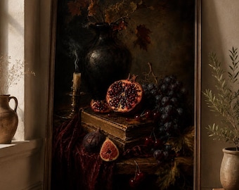 Dark Academia Still Life Print, Moody Pomegranate Wall Art, Vintage Fruit Painting, Gothic Kitchen and Dining Room Decor