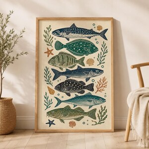 May include: A vertical rectangular wall art print in a wooden frame featuring a detailed illustration of seven various fish species arranged in a column, interspersed with seaweed, seashells, and starfish in shades of blue, green, and orange.