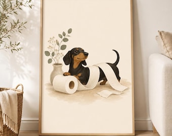 Funny Dachshund Bathroom Wall Art, Sausage Dog Toilet Paper Print, Cute Wiener Dog Poster, Minimal Bathroom Decor, Whimsical Dog Lover Gift
