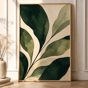 Moderne botanische poster, abstract plantkunstwerk, Scandinavisch natuurdecor, minimalistisch groen blad Wall Art Print,