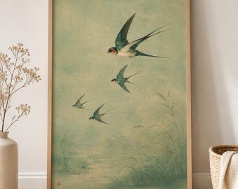 Japanese Swallow Wall Art, Vintage Teal Bird Print, Asian Style Flying Birds Poster, Calming Japandi Nature Decor
