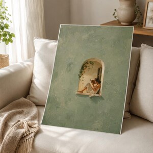 May include: A rectangular wall art print featuring a textured sage green wall with a central arched window. Inside the window, a person in a white dress sits and reads a book, surrounded by green vines hanging from the top of the archway.