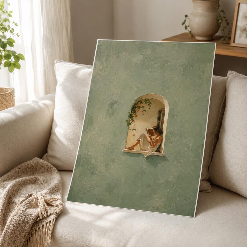May include: A rectangular wall art print featuring a textured sage green wall with a central arched window. Inside the window, a person in a white dress sits and reads a book, surrounded by green vines hanging from the top of the archway.