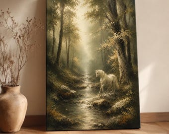 Magical Woodland Unicorn Canvas, Enchanted Forest Wall Art, Moody Fantasy Nature Decor, Storybook Forest Landscape