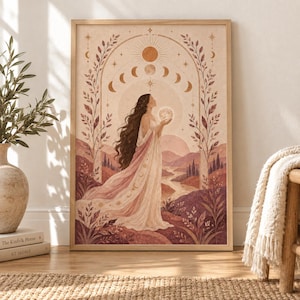 Mångudinnas väggkonst, gudomlig feminin konst, himmelska månfaser poster, mystisk bohemisk andlig dekor, häxig väggkonst