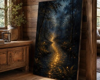 Enchanted Forest Firefly Canvas Wall Art, Magical Woodland Landscape, Moody Nature Decor, Botanical Forest Art