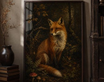 Vintage Oil Painting Style Print, Woodland Dark Academia Decor, Moody Fox Poster, Dark Cottagecore Art,Dark Forest Fox Wall Art,