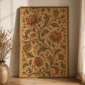 May include: A rectangular framed wall art piece featuring a detailed botanical pattern with large orange and red flowers intertwined with intricate green foliage on a textured beige background, enclosed in a simple light-toned wooden frame.