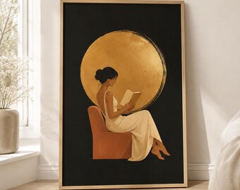 Woman Reading Art Print, Minimalist Book Lover Poster, Abstract Black Wall Art, Reading Nook Decor, Cozy Bookish Bedroom Print