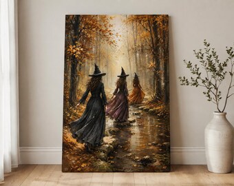 Three Witches Autumn Forest Canvas, Witchy Wall Art, Halloween Decor, Magical Witch Painting, Forest Witch Art